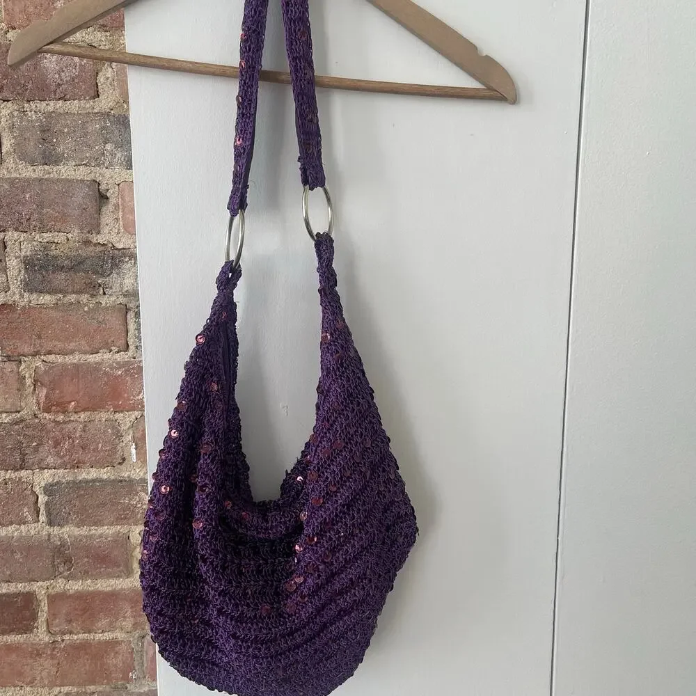 Purple Crochet Sequin Knit Hobo Shoulder Bag Slouchy Boho Handbag Zip Festival